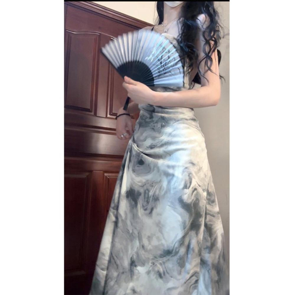 

Ink painting dress women s summer niche temperament long dress sexy backless suspender skirt XL- (recommended 110-60kg)
