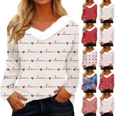 Damen Valentinstag Bedrucktes Langarmshirt, V-Ausschnitt, Lässiges Locker sitzendes T-Shirt Oberteil