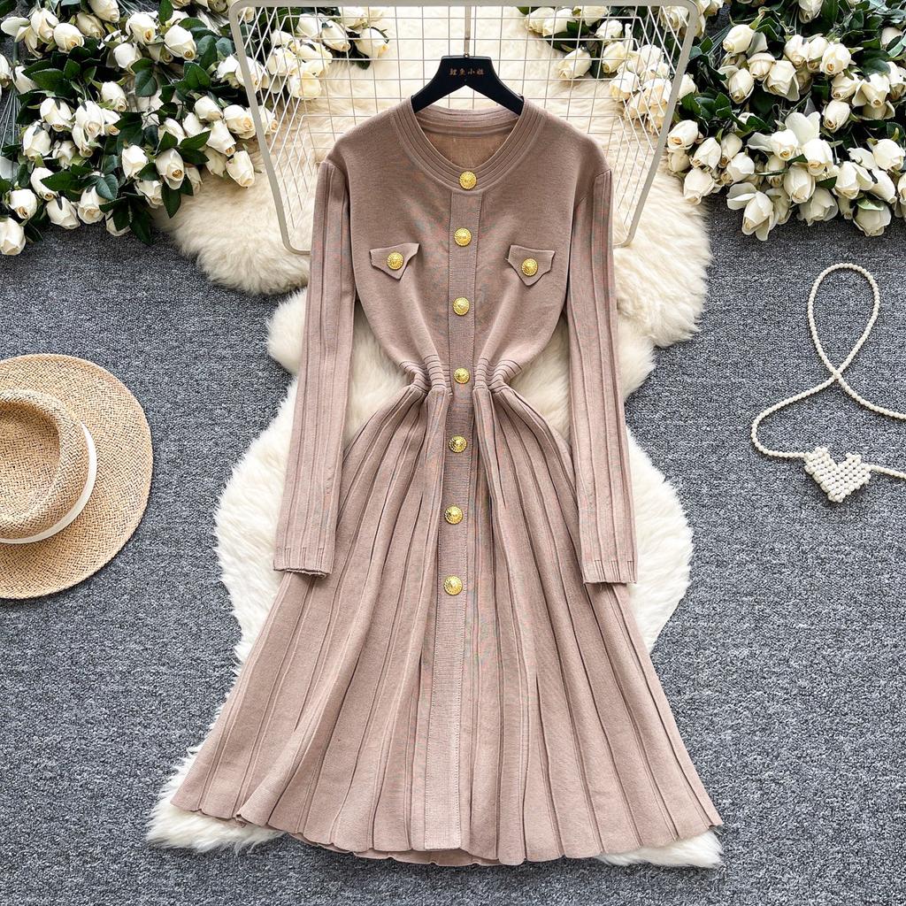 Autumn Winter High Waist Knitted Umbrella A-line Dresses 2025 New Buttons O-neck Long Sleeve Loose Sweater Dress Female