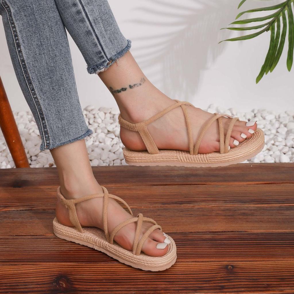 Summer women's cross belt hemp rope beach thick soled sandals