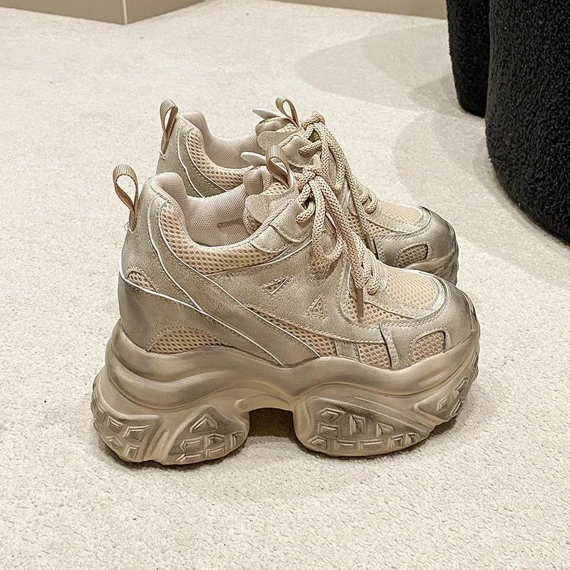 Fashion 10.5CM High Platform Sneakers Women New 2025 Mesh Shoes Comfortable Casual Chunky Shoes Wedge Heels Breathable Sneakers