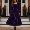 Women's Color Square Neck Long Sleeve Lace Patchwork Evening Dress for Party and Formal Events