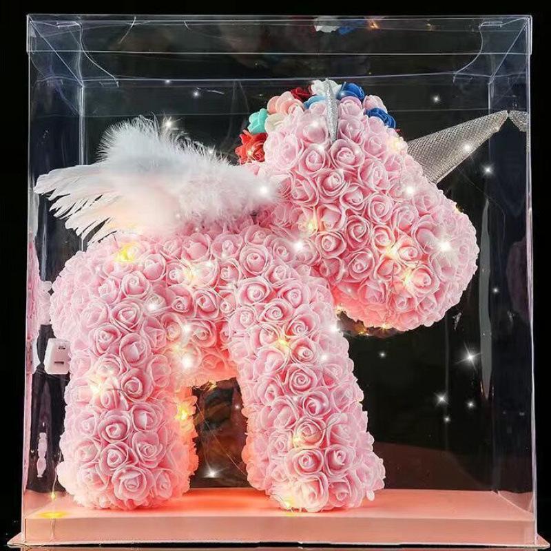 Qixi Unicorn Rose Preserved Flower & Teddy Bear Gift Set for Girlfriend or Kids