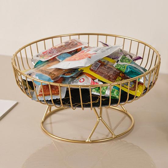 Yousheng Metal Wire Fruit Basket Round Mesh Fruit Bowl with Marble Texture Tray Modern Decorative Bread Snacks Serving Bowl for Kitchen Countertop