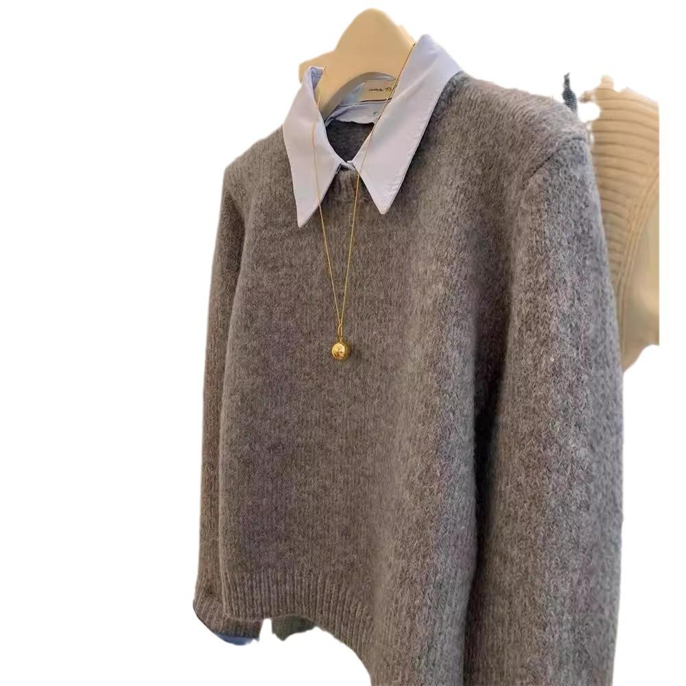 Spring and Autumn Break Two Shirt Collar Sweater Women's Simple Fashion Temperament Grey Lapel Pullover Knitted Sweater Top