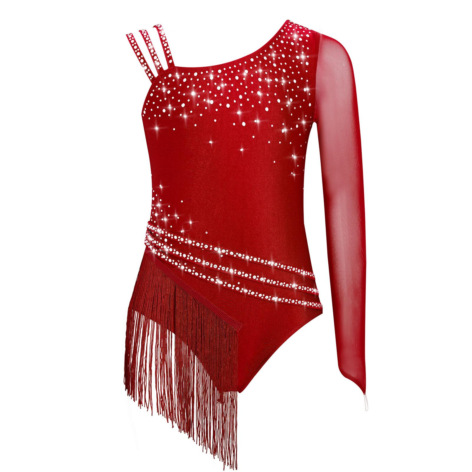 Inlzdz Meisjes glitterend strass franje leotard body met onregelmatige kwastjes voor schaatsen danswedstrijden 7-8 Years