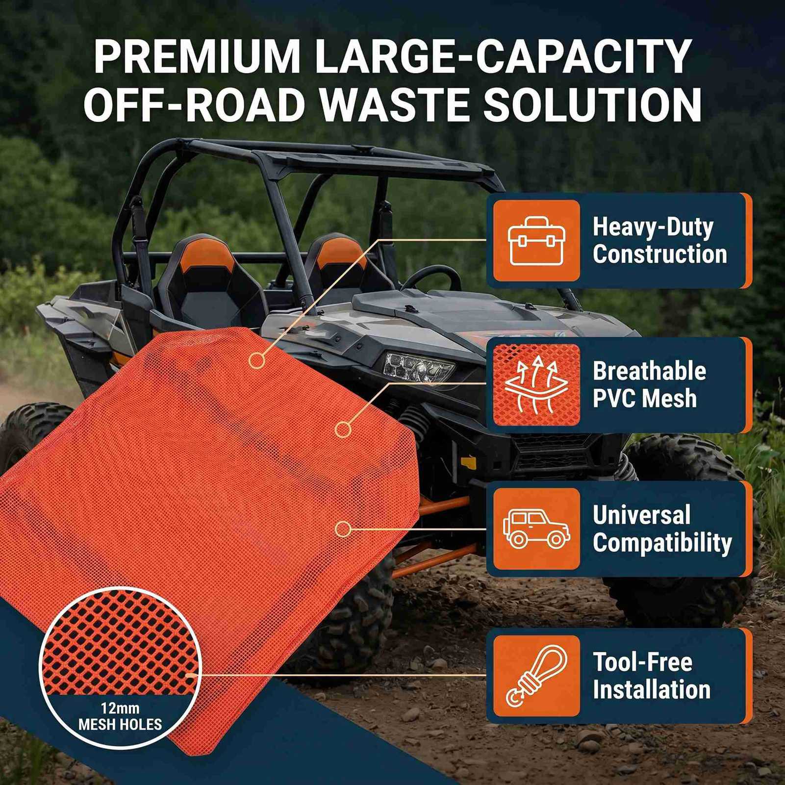 UTV ATV Trash Bag Large Capacity Portable PVC Mesh Trash Bag for Most ATV UTV Golf Cart