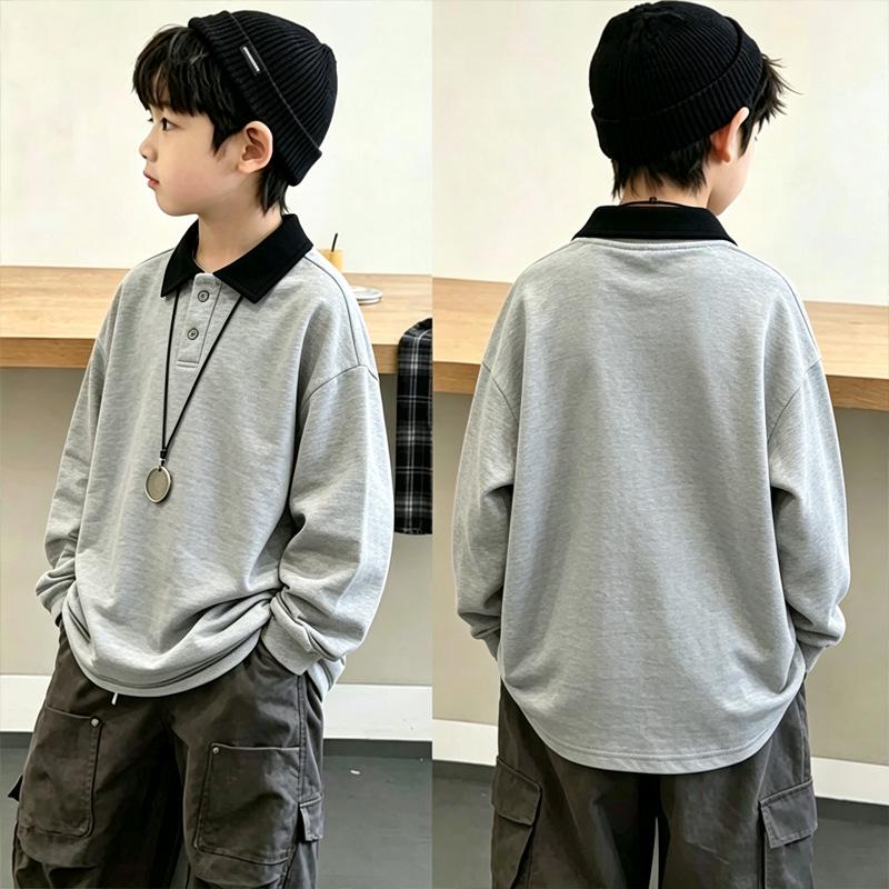 Color Block Korean Style Boys' Long Sleeve Polo Shirt - Patchwork Lapel T-shirt for Spring & Autumn (Ages 6-12)