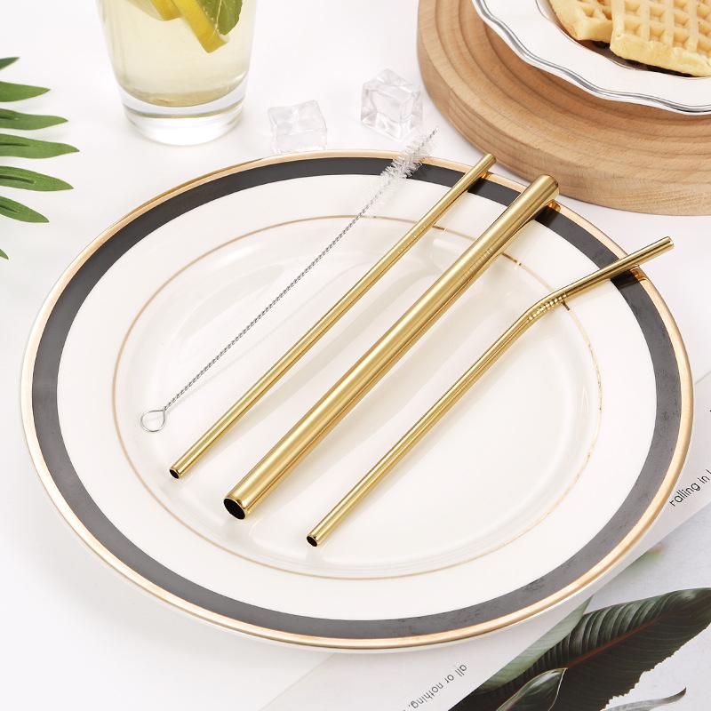 Colored Titanium-Plated 304 Stainless Steel Straw Set for Beverages & Milk Tea