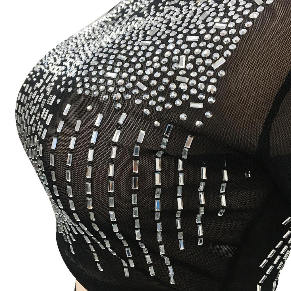 Sexy Rhinestone Mesh See-through Long Sleeve Slit Two-piece Nightclub Dress