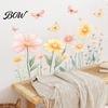 Waterproof PVC Flower Window Clings 2Pcs Watercolor Flowers Wall Sticker, Floral Decal with Butterflies, Removable Decals for Bedroom Art Decor,