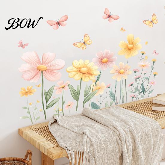 Waterproof PVC Flower Window Clings 2Pcs Watercolor Flowers Wall Sticker, Floral Decal with Butterflies, Removable Decals for Bedroom Art Decor,