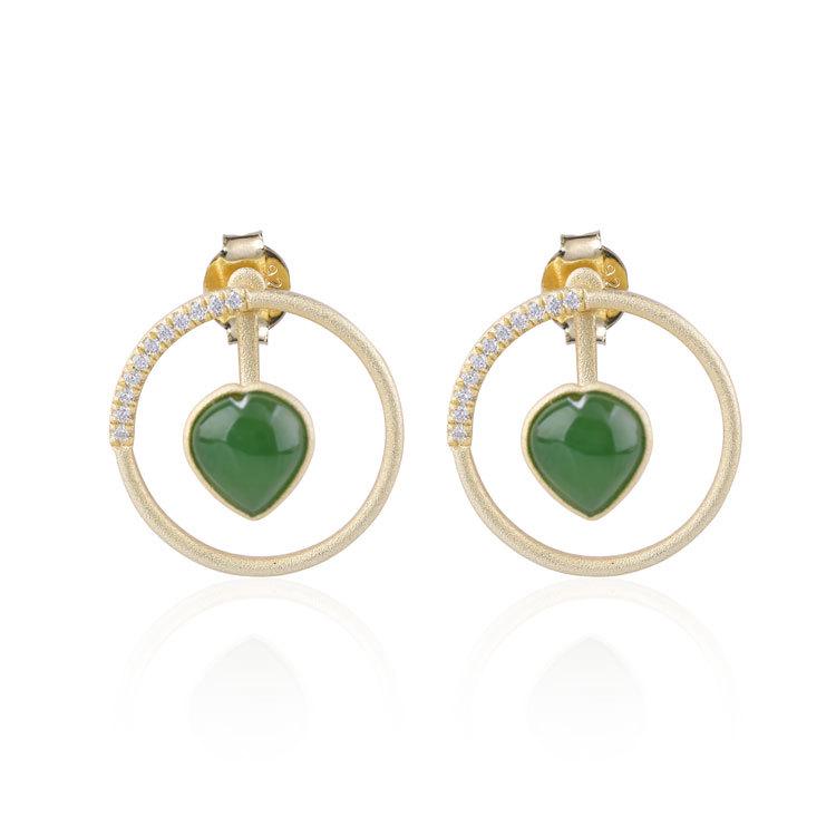 Gold-Plated 925 Sterling Silver Hetian Jade Two-Way Stud Earrings for Women with Certificate