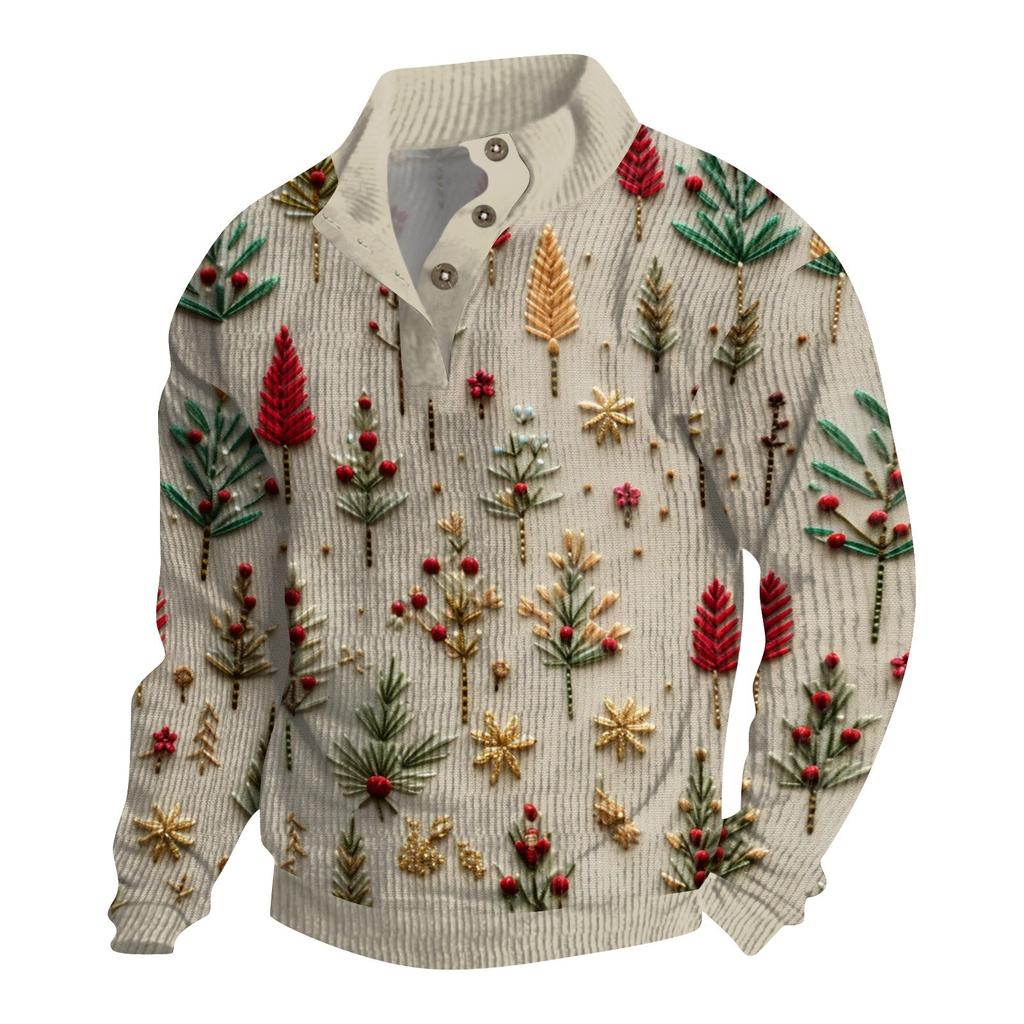 Herre Jul Bomull Genser Langermet Utendørsskjorte Vintage Kordfløyel Knapper Ståkrage Skjorte Casual Genser Juleprint Topp