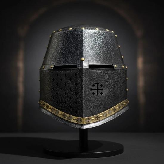 Black Templar Crusader Helmet with Brass Cross, Great Medieval knight Helm for LARP Reenactment
