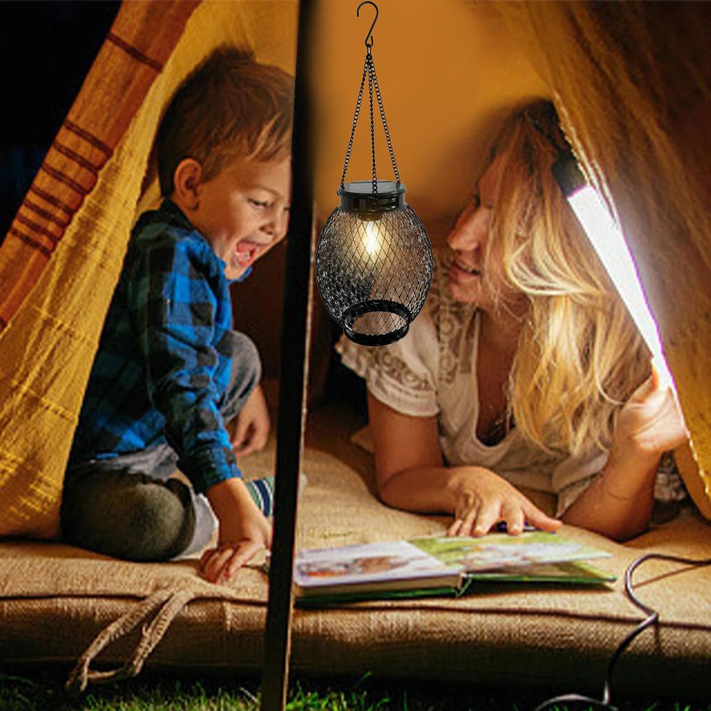 Solar Lantern Lights Outdoor Hanging Waterproof Tabletop LED Lamp with Metal Hollowed-Out Design for Yard Porch Patio Pathway