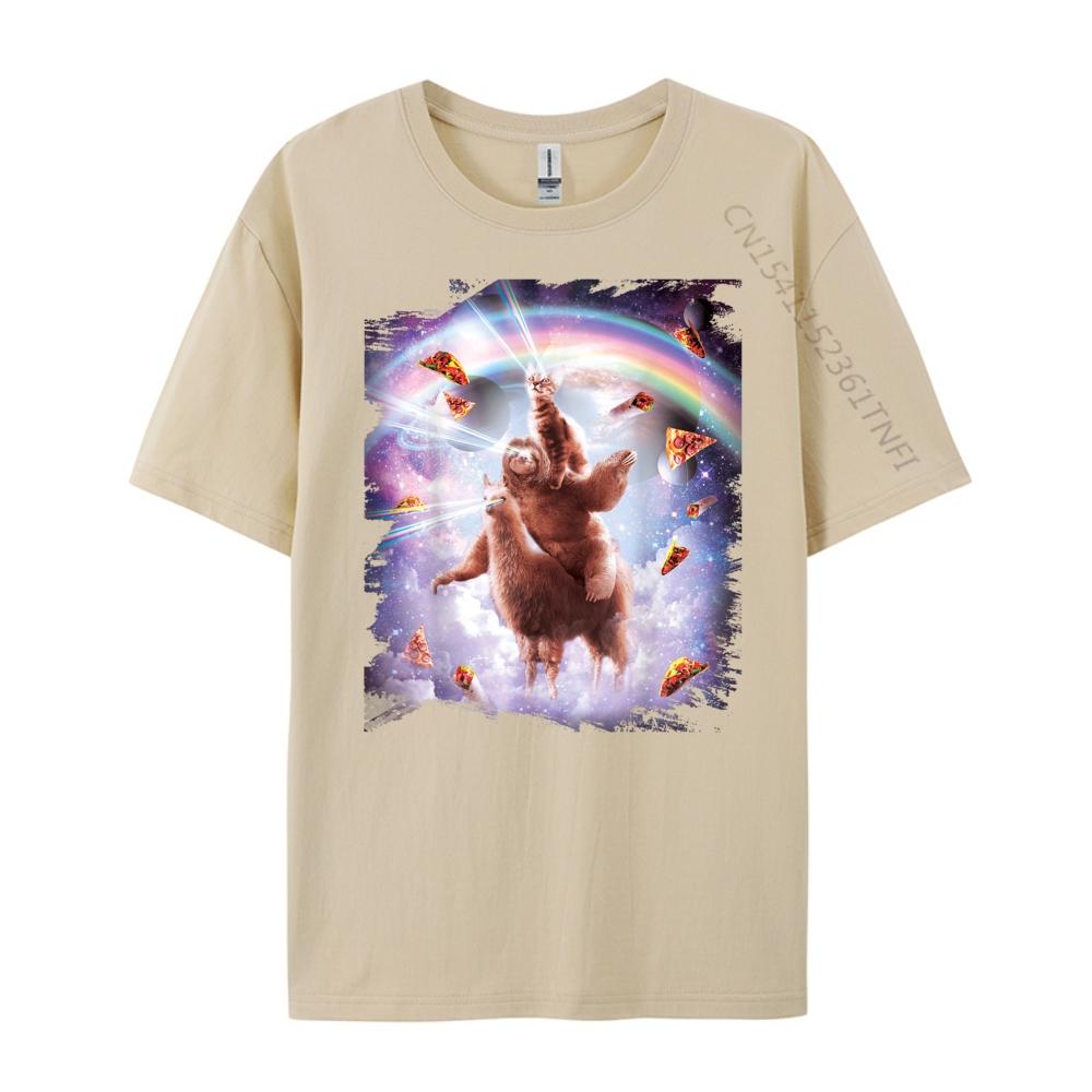 Laser Eyes Space Cat Riding Sloth Llama  Rainbow Shirts Graphic Tee White T Shirt Men