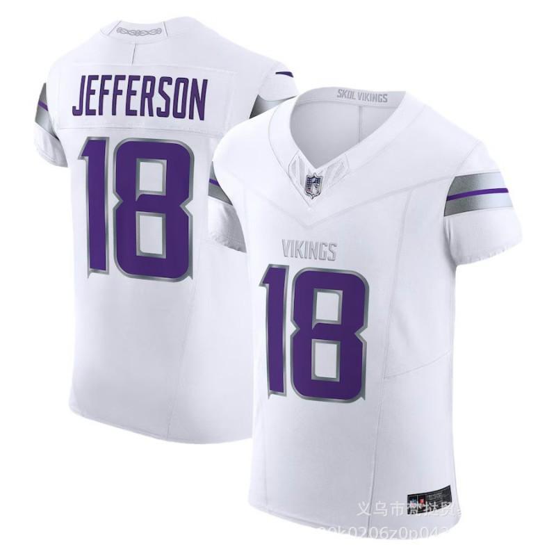 Mens NFL Minnesota Vikings 18 Jefferson 9 McCarthy White Purple Embroidered Football Jersey Sportswear