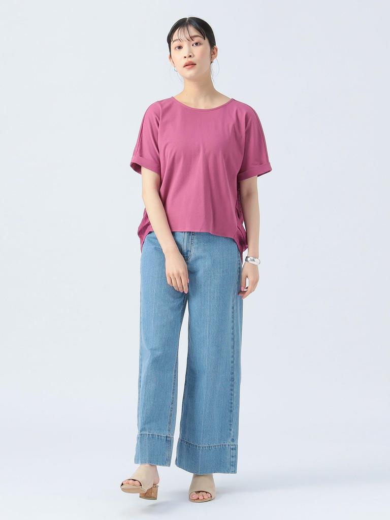 Beams Heart Back Mixed Material Crew Neck One Size S/S Tee, Tuck, Pullover, Women's, Berry,