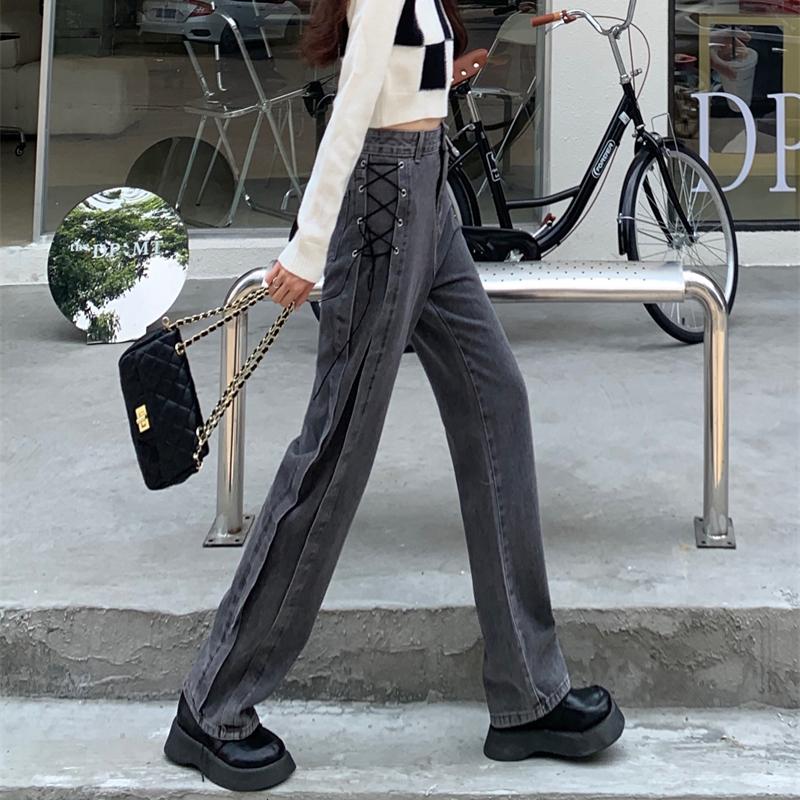 Autumn Spring Jeans Women Denim Pant  Vintage Straight Trousers Fashion Female Solid Lace Up Loose Casual Wide Leg Pants