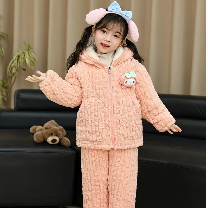 Girls' Cartoon Fleece-Lined Pajama Set - Warm Winter Wear for Babies & Kids