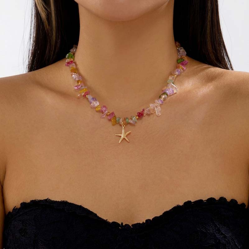 Bohemian Colorful Crystal Starfish Pendant Necklace for Women Handmade Beaded Choker Summer Beach Jewelry Gift