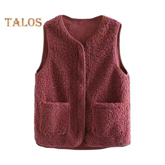 Women Fall Spring Vest Round Neck Thick Fleece Pockets Solid Color Sleeveless Zipper Closure Retro Warm Office Street Home Vacation Layering