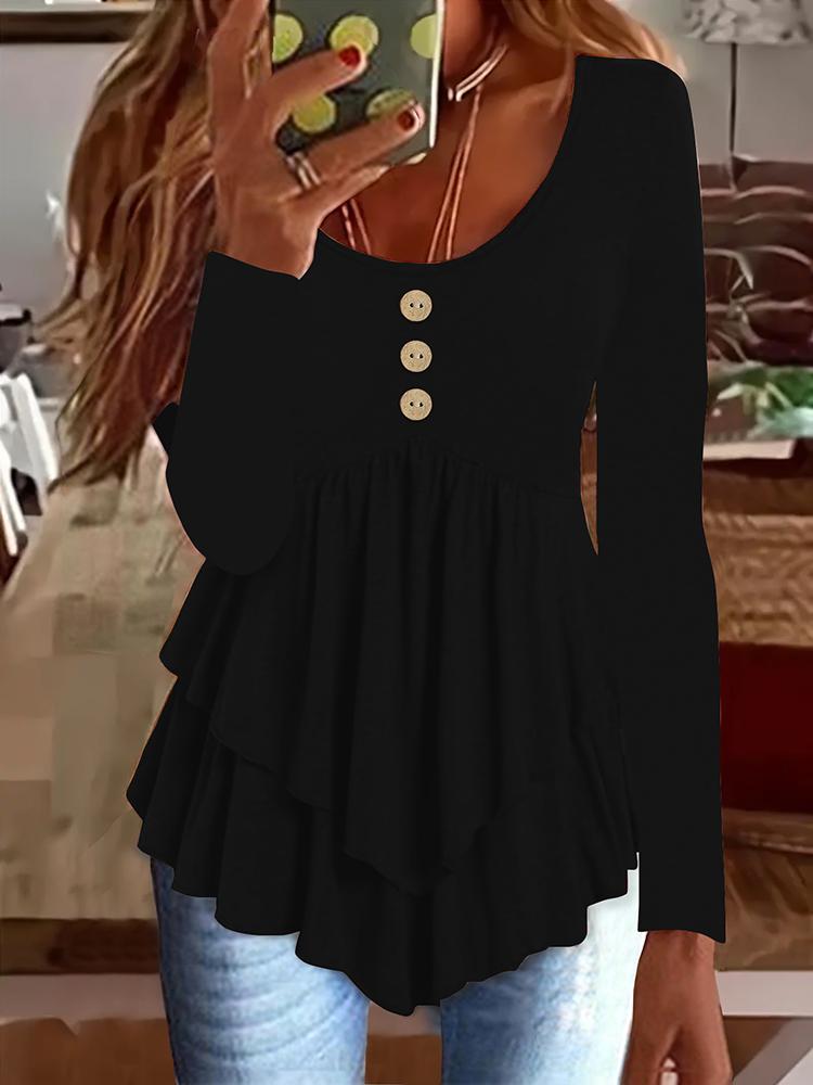 Herbst Damenmode Top Knopf Casual Einfarbig U-förmiger Kragen Bedruckt Langarm