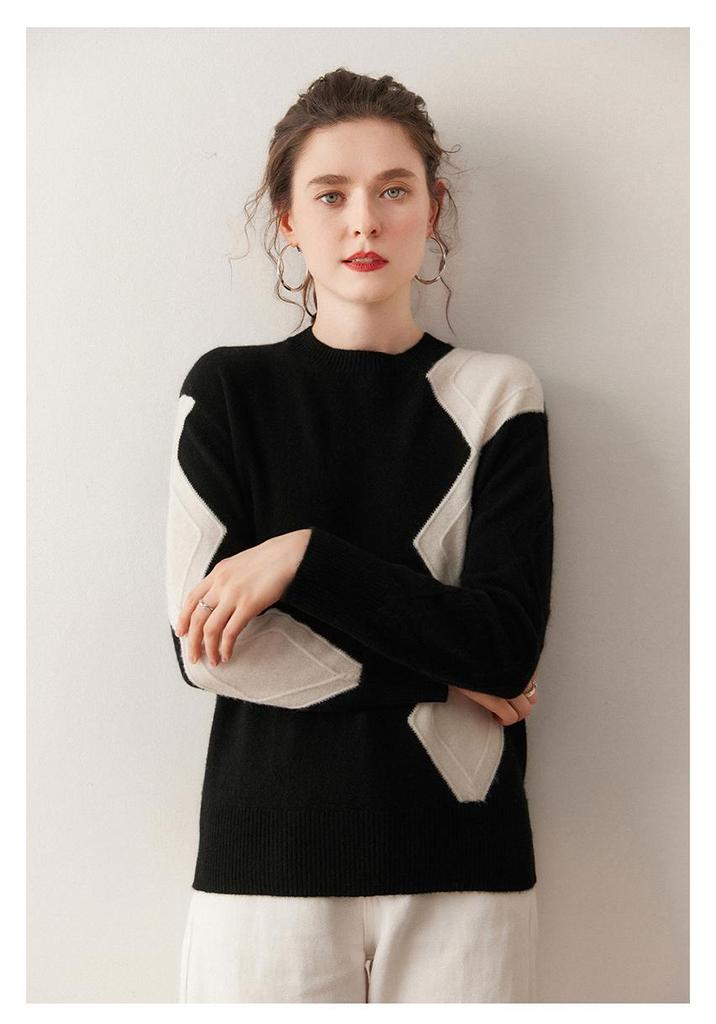Women's Loose Fit Cashmere Diamond Plaid Knit Sweater - Autumn/Winter Round Neck Color Block Outerwear