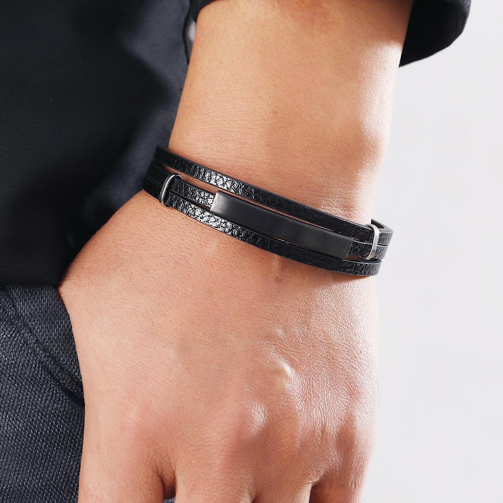 DPANCO Simple Blank Stainless Steel Rhodium Plated Magnetic Buckle Geometric Design PU Leather Men's Cuff Bracelets Fashion