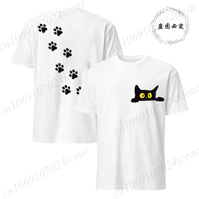 Cute Black Cat Vintage TShirts Casual Unisex Women Short Sleeve Streetwear Harajuku Tee Shirts Horror Cat Peeking Unisex Tops Clothes S