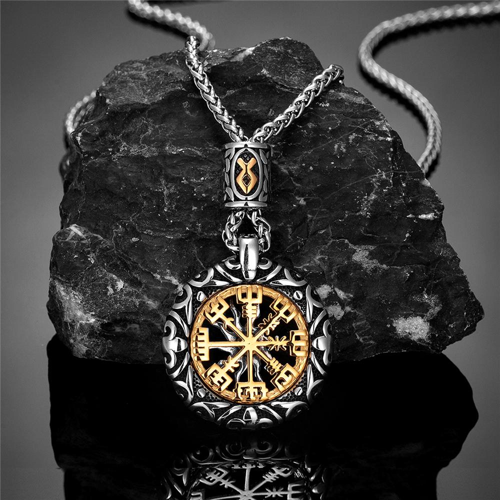 Retro Men s Norse Rune Compass Necklace with Hollow Sun Pendant Stainless Steel Vegvisir Viking Amulet
