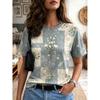 Women's Patchwork Lavender Floral Round Neck T-Shirt, Short Sleeve Casual Tops Green Vintage Daily Wear for Spring Summer