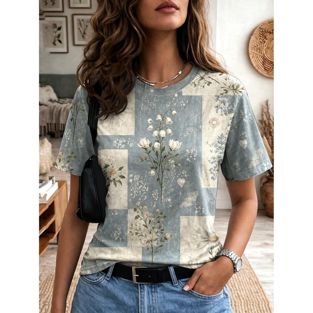 Women's Patchwork Lavender Floral Round Neck T-Shirt, Short Sleeve Casual Tops Green Vintage Daily Wear for Spring Summer