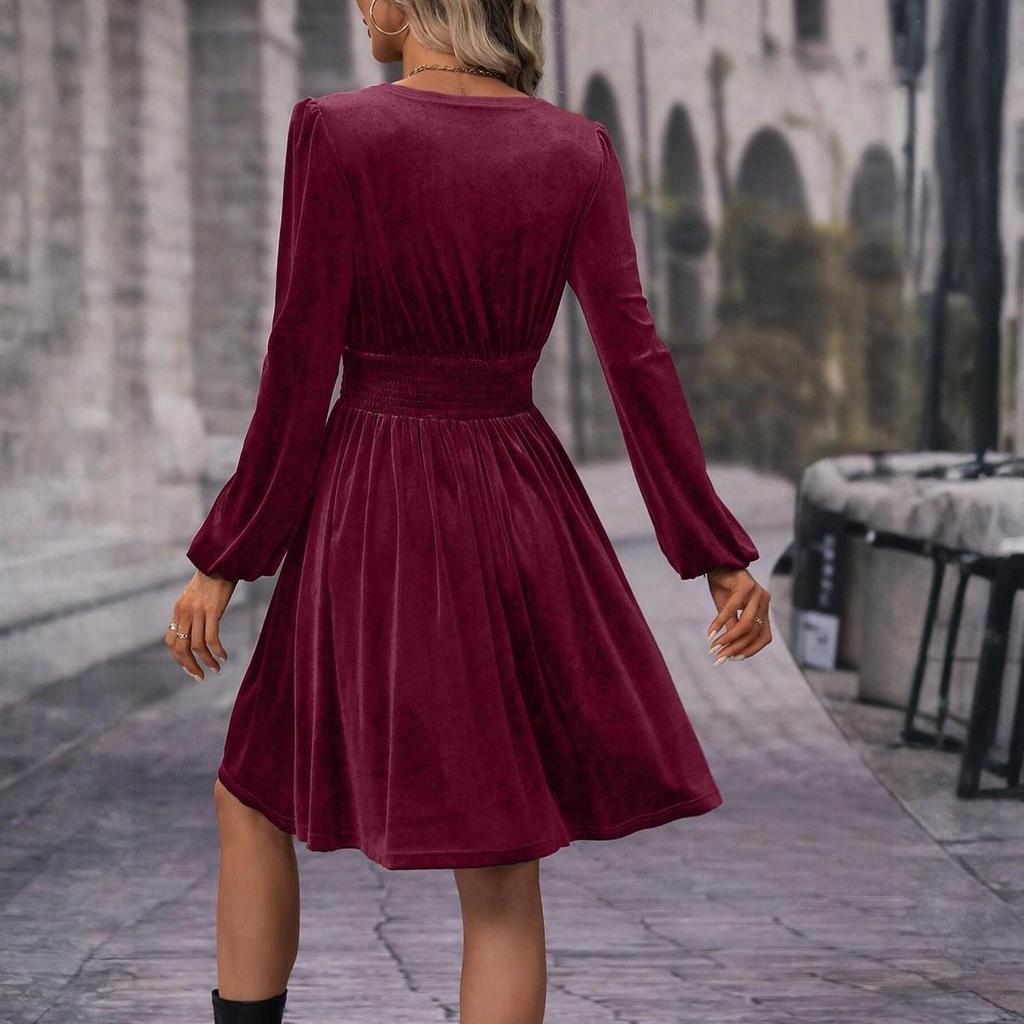 Women's Fashionable Solid Color Long Sleeved V Neck Pullover Casual Dress