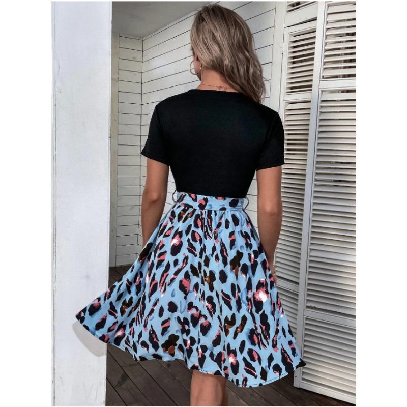 New Fashion Leopard Print Splicing Short Sleeved Dress Elegant O Neck Slim Fit A-line Party Short Dresses Lace-up Elegant Loose Streetwear Clothing