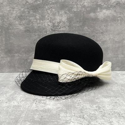 Black Wool Knight Hat, Female Bow, Small Fragrant Top Hat, Small Mesh Equestrian Hat