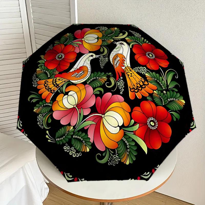 1PC Birds FlowersAutomatic Open/Close Umbrella with Windproof, 8-Rib Sturdy Canopy, Durable Ribs, Fashionable Design, Outdoor Accessory, Fun Prin, Hol