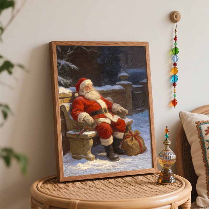 Christmas Santa Claus Sleeping On Bench Digital Oil Painting Art Kit Hand Painting Home Decoration Painting