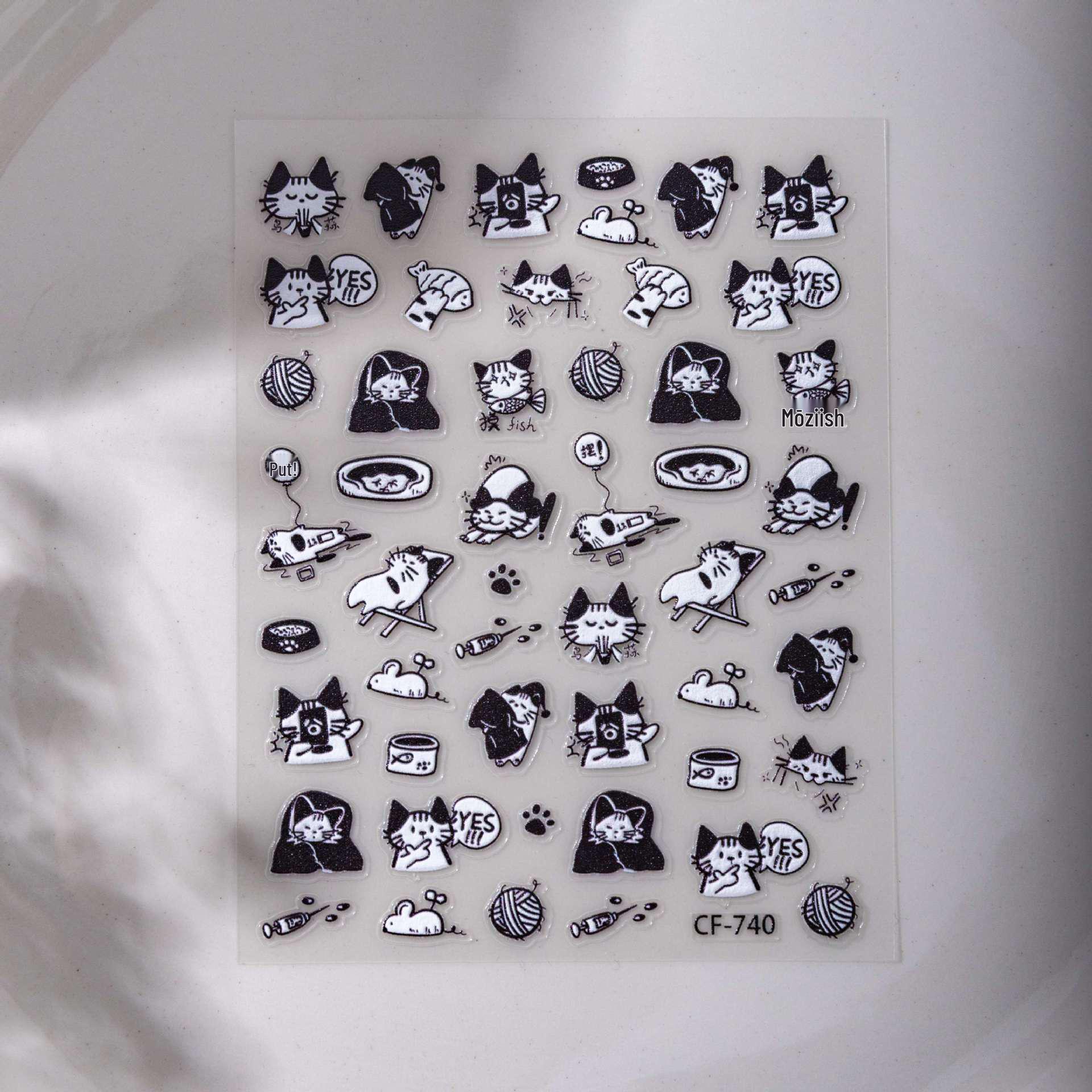 Популярные черно-белые наклейки Cyansea для дизайна ногтей с кошками и декора телефона CF-740