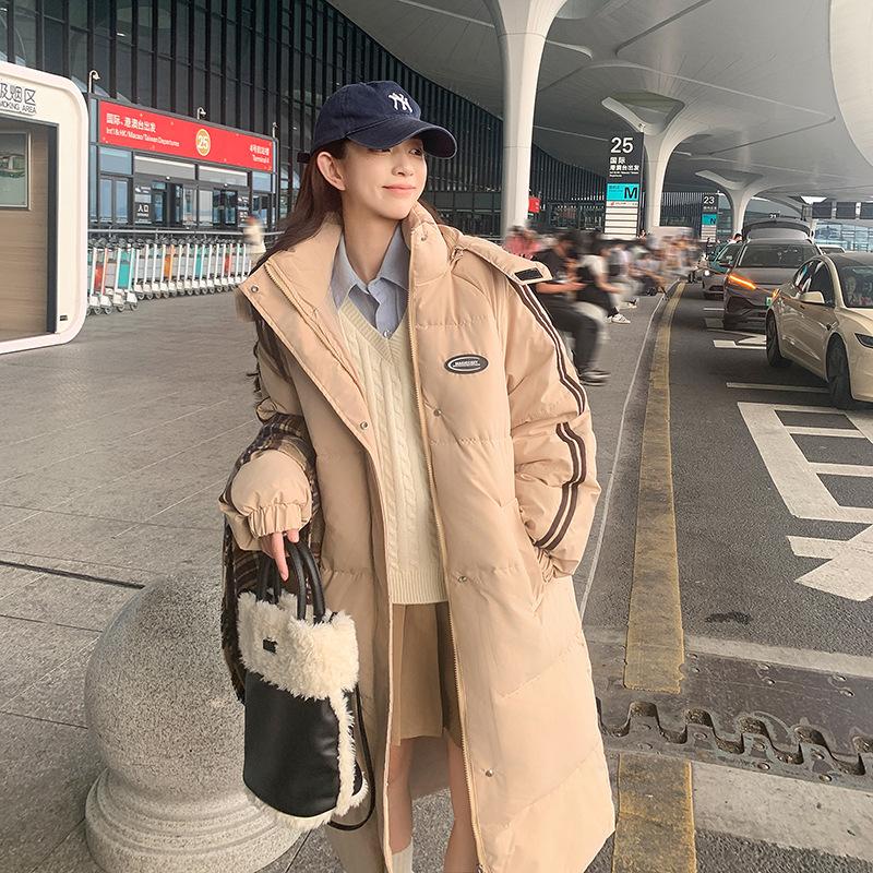 Lange Damen Baumwolljacke, Winter neue lockere College verdickte Kapuzenjacke über dem Knie Baumwolljacke Tide