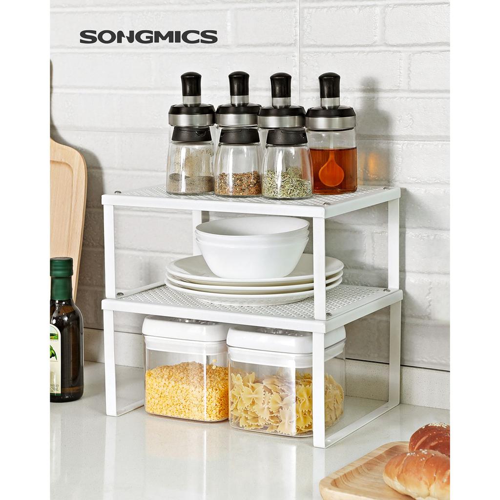 SONGMICS Cabinet Shelf Organizer and Kitchen Shelf Bundle, 4 Stackable Kitchen Cabinet Shelves, Expandable, White and Silver U