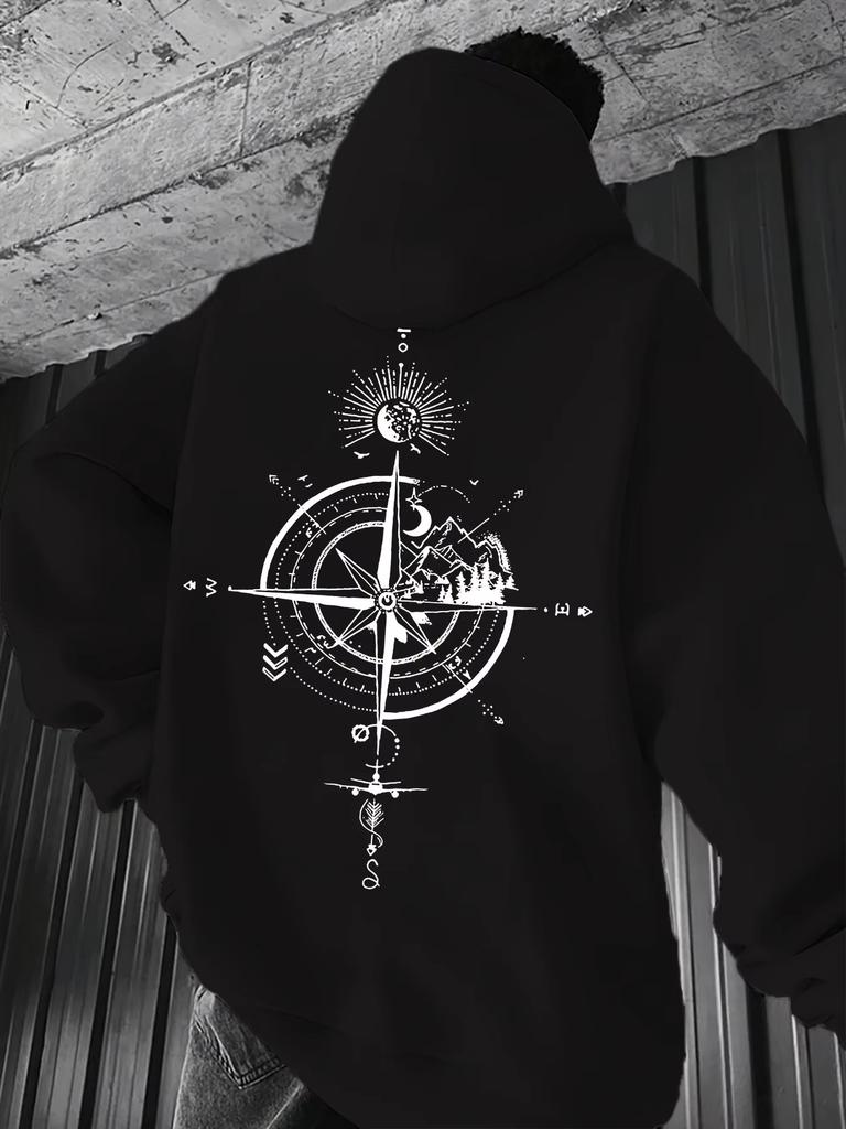 Vintage Compass Printed Hoodie Men's Autumn and Winter Casual Fashion Long-sleeved Sweatshirt Daily Street Clothing