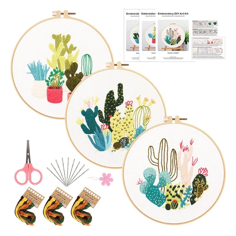 3Sets Leaf Flower Embroidery Set with Embroidery Pattern Beginner Embroidery Set with Instructions Stitching Supplies