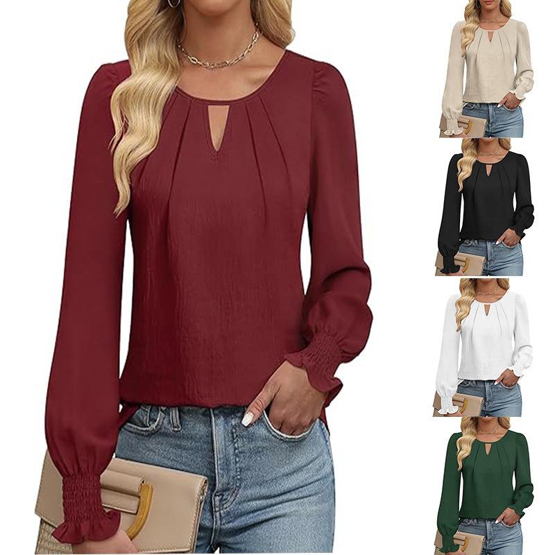 Women's Long Sleeved Shirt Fashionable Casual Lock Hole Pleated Fashion Shirt for Women Blouses