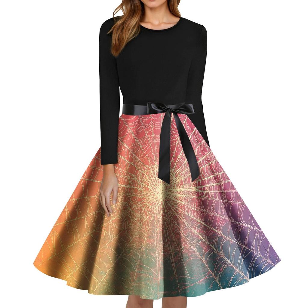 Women's Fashion O-Neck Casual Slim Fit Halloween Printed Long Sleeve Dress