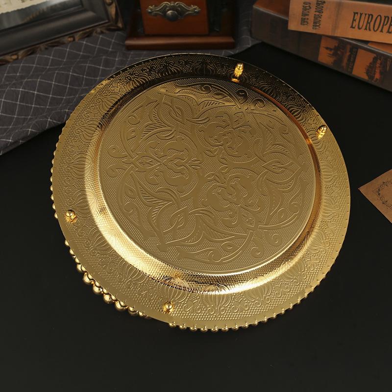 Europeisk fruktbricka hushåll rund metall förgylld Xinjiang stor tallrik kycklingtallrik med koppbricka med handtag