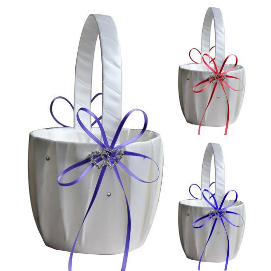 Double Heart Rhinestone Satin Ribbons Bowknot Wedding Flower Basket Home Decor