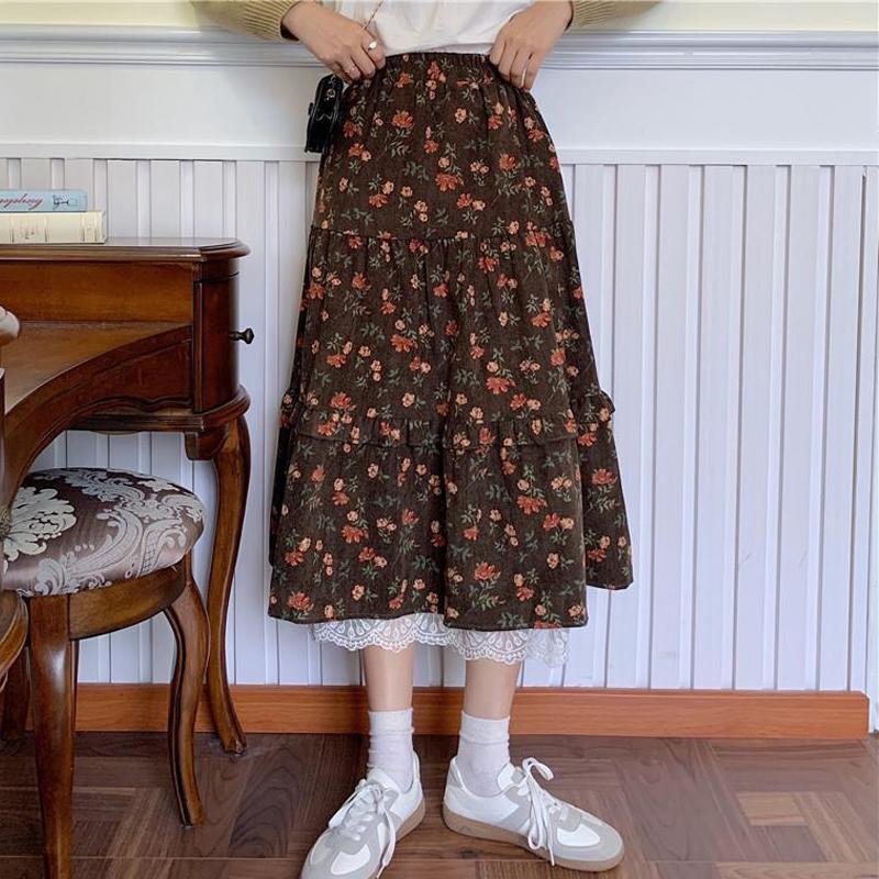 

Вельветовая юбка-миди с цветочным принтом, женские темно-синие, коричневые юбки с цветочным принтом, корейские кавайные кружевные оборки, винтажные элегантные длинные юбки One Size кофейный