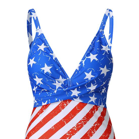 Women Monokini Deep V-Neck Sleeveless High Waist One-piece Bikini Splicing Print Sling Beach Vacation